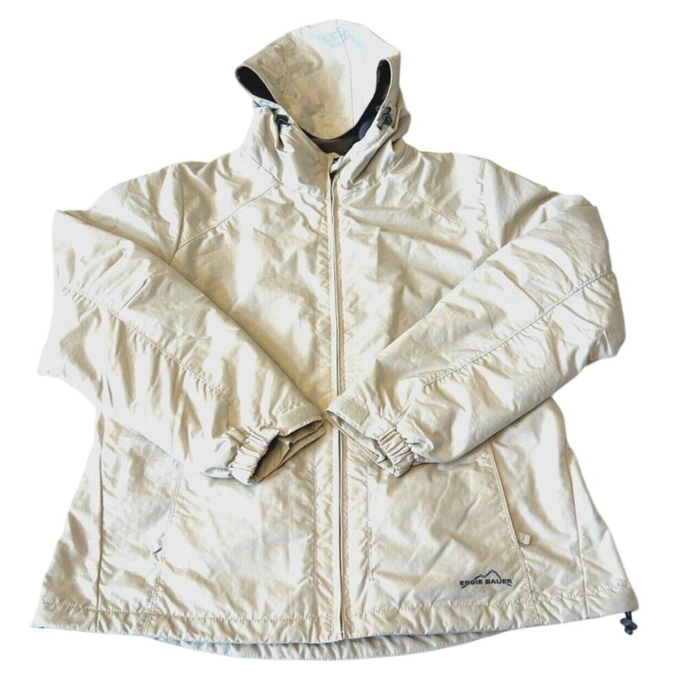 Eddie Bauer Jacket Women's Fleece Lined Large Nylon Soft Shell Hooded Coat Beige